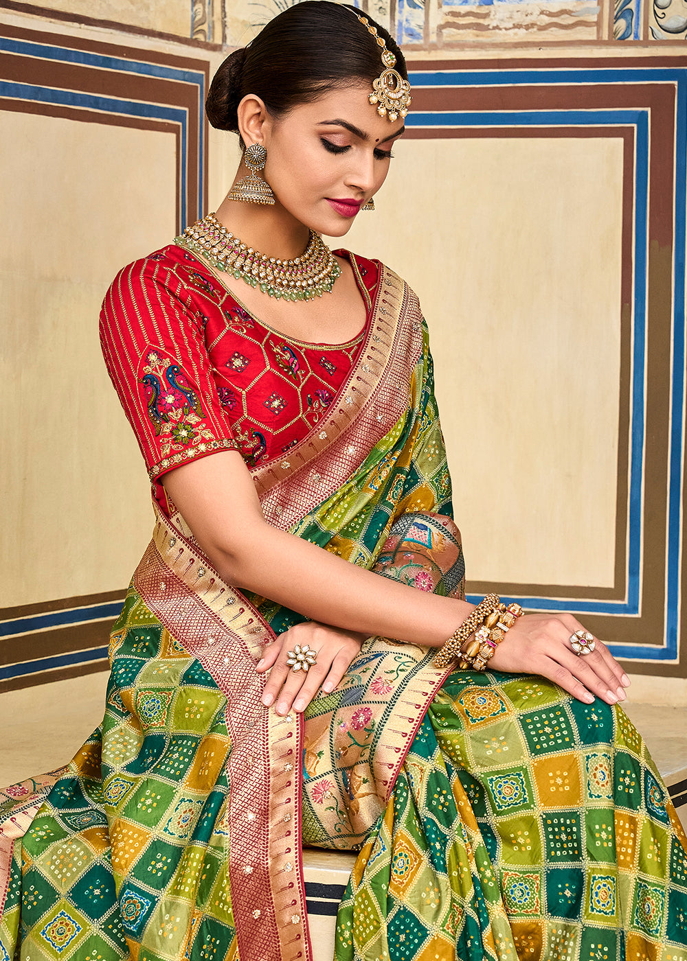 Husk Green and Red Patola Printed Dola Silk Saree With Embroidered Blouse