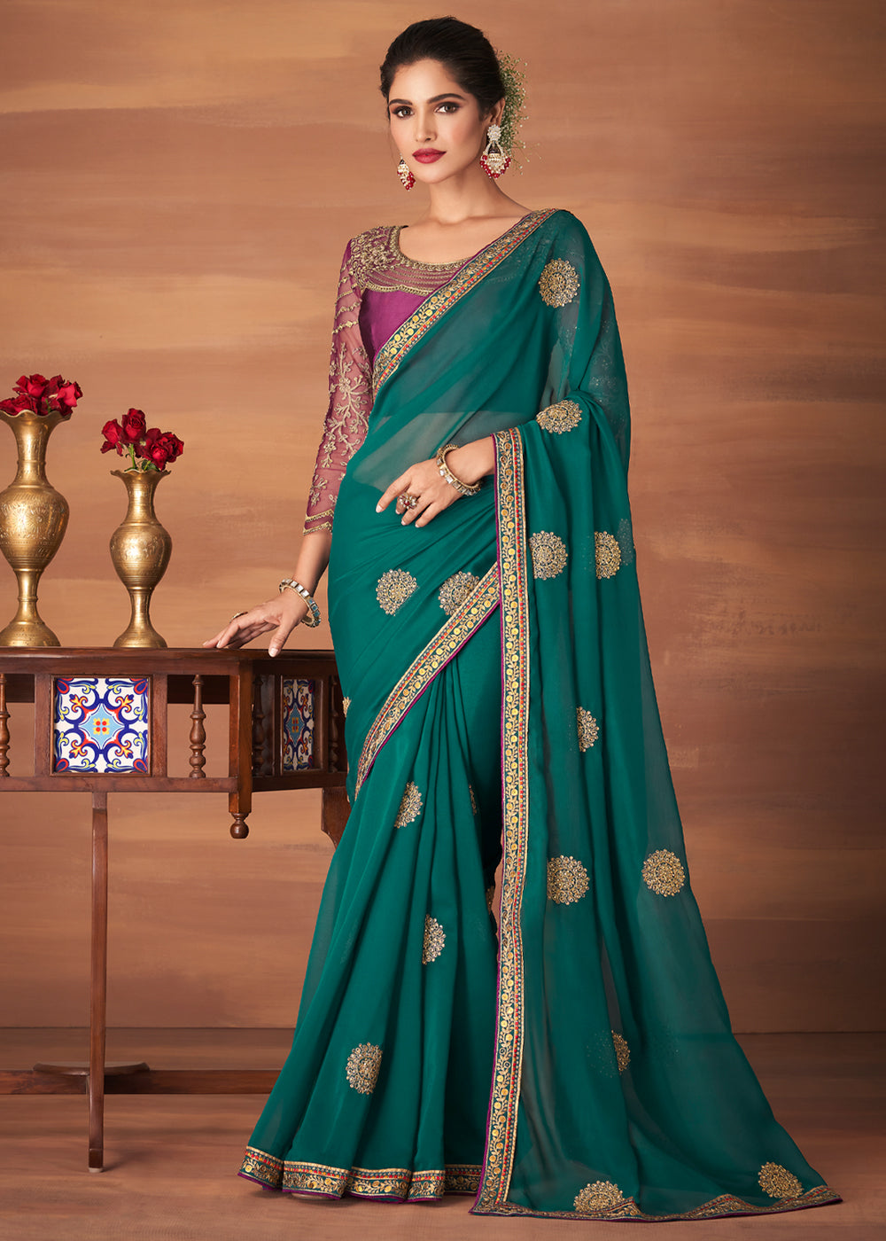 Casal Green Designer Saree with Embroidered Blouse