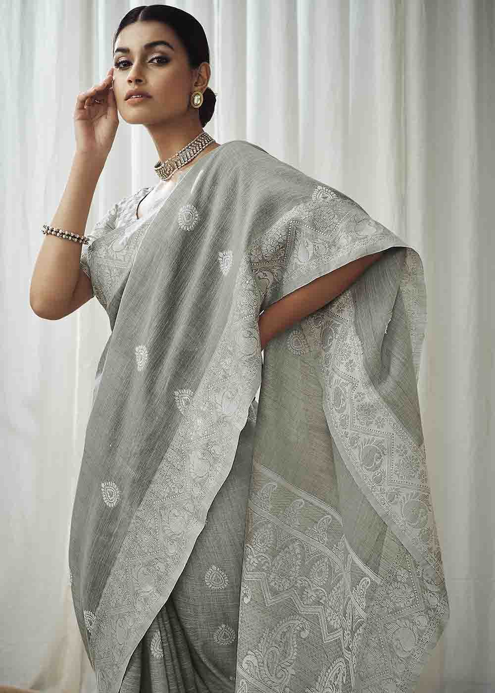 Bitter Grey Chikankari Linen Saree