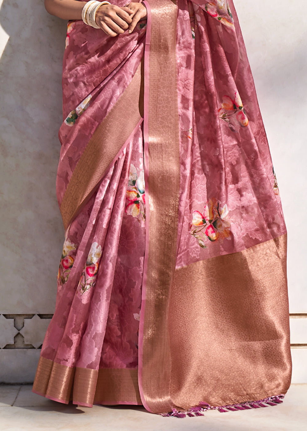 Rust Pink Digital Printed Banarasi Cotton Saree