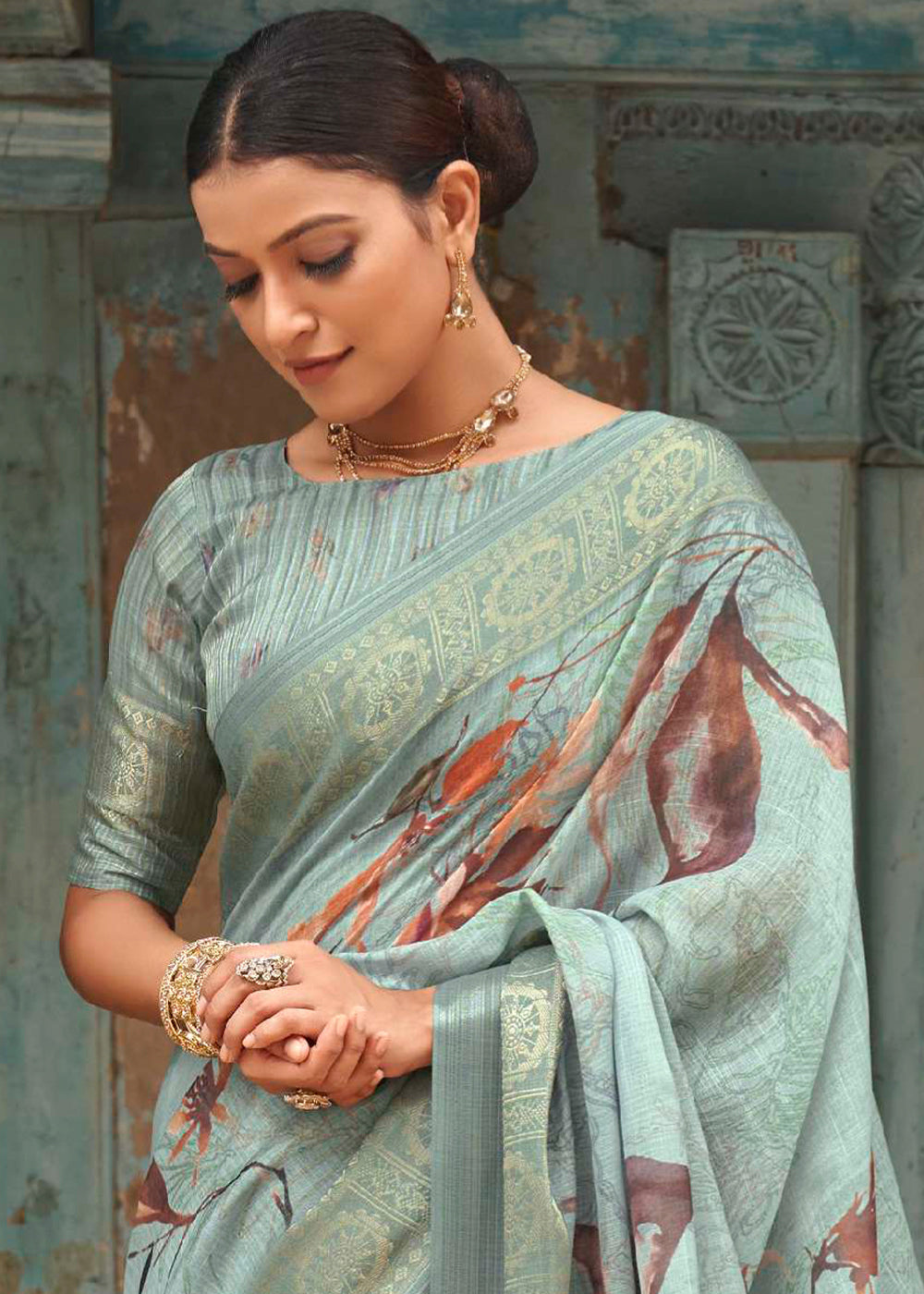 Gum Leaf Green Floral Printed Linen Silk Saree