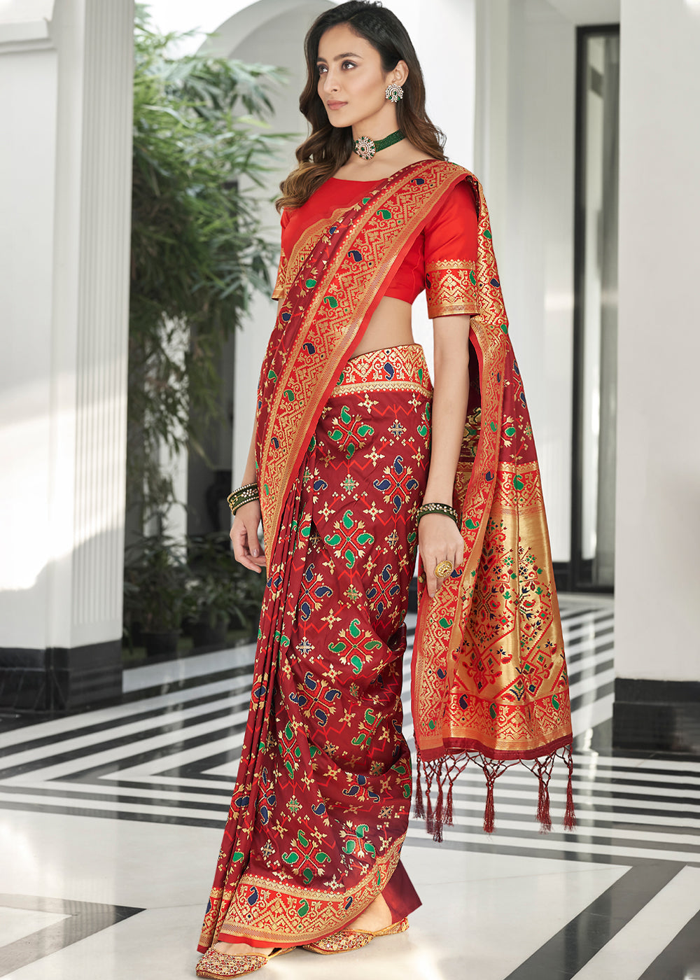 Stiletto Maroon Zari Woven Banarasi Patola Saree