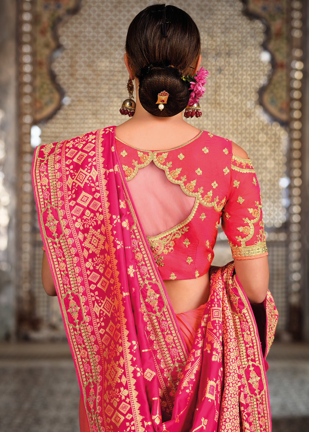 Roman Pink Zari Woven Designer Banarasi Saree