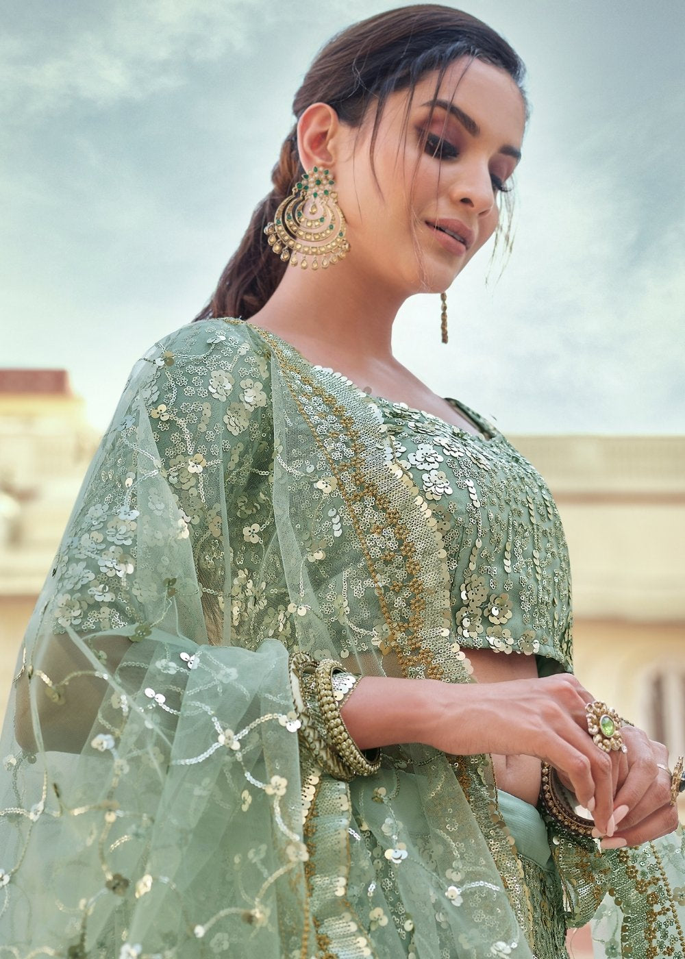 Sage Green Soft Net Designer Lehenga Choli