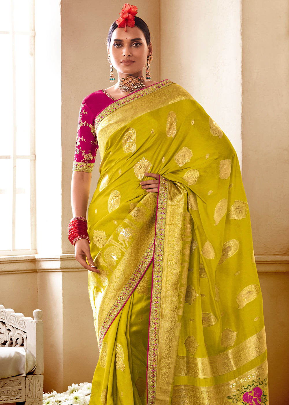 Anzac Green and Red Banarasi Saree with Designer Blouse