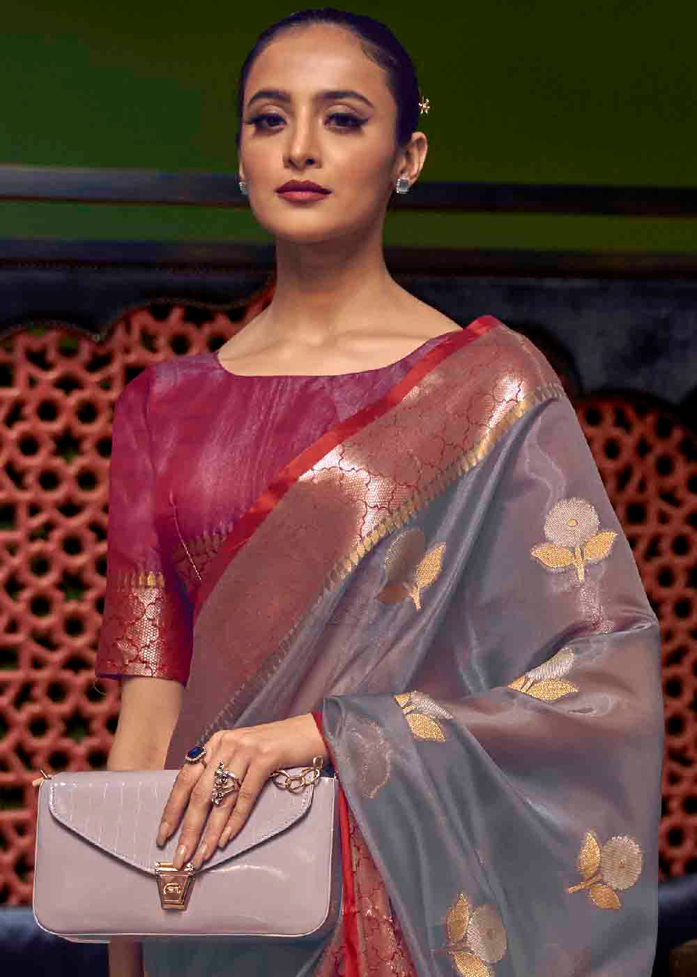 Old Grey Zari Woven Two Tone Organza Saree