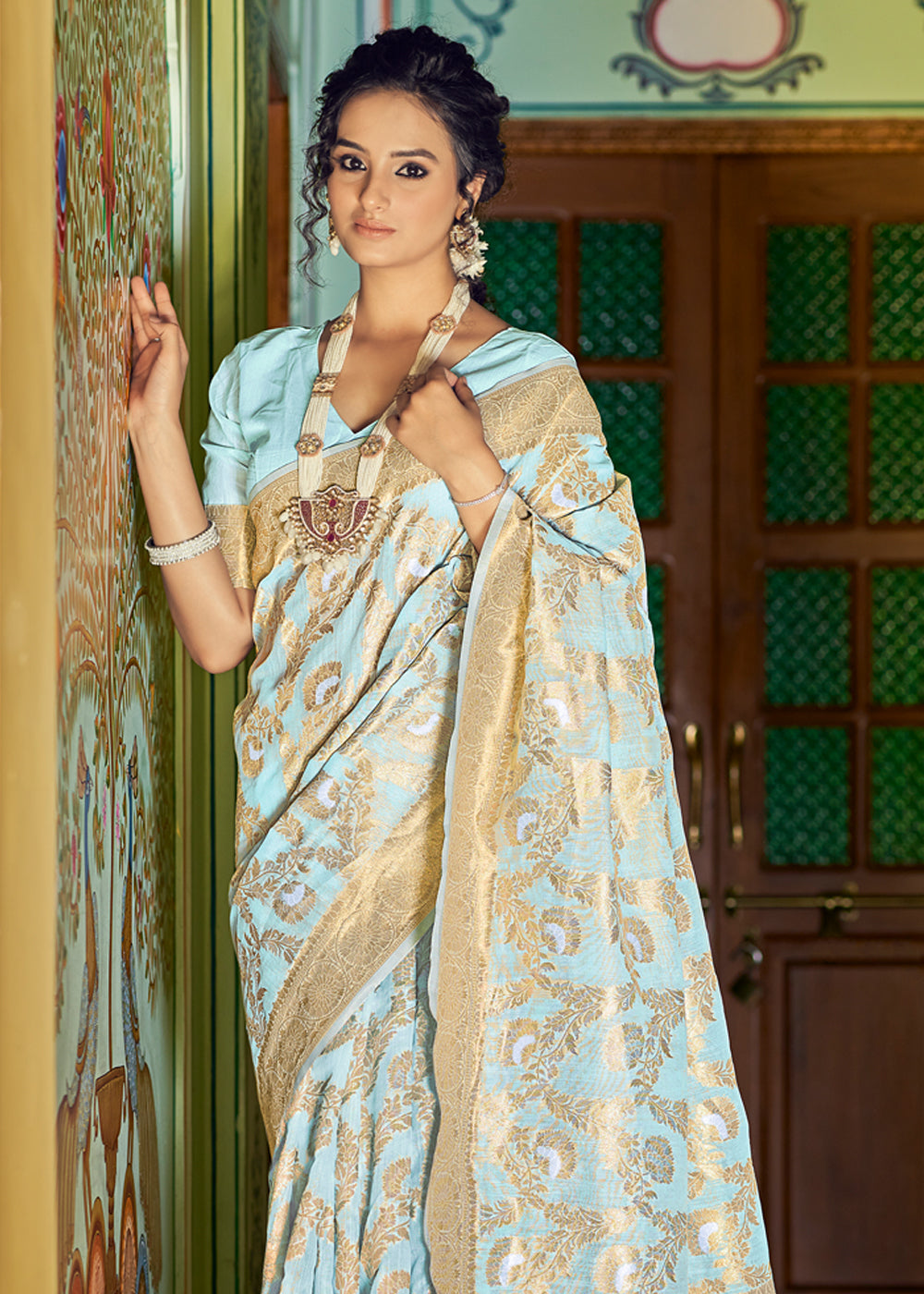 Opal Blue Zari Woven Banarasi Linen Saree