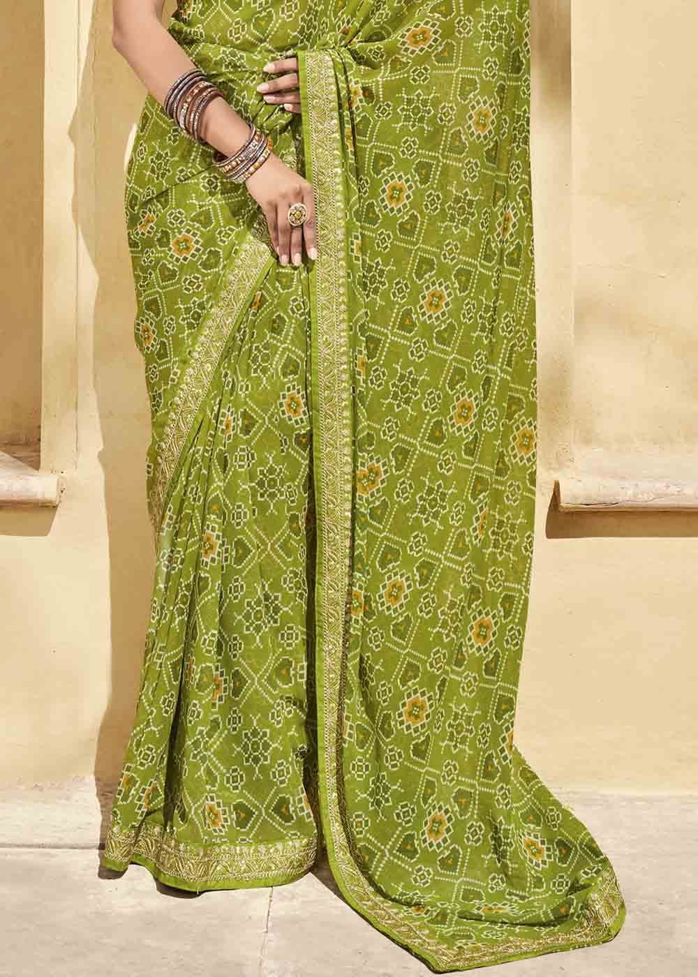 Celery Green Patola Print Georgette Saree With Embroidered Blouse