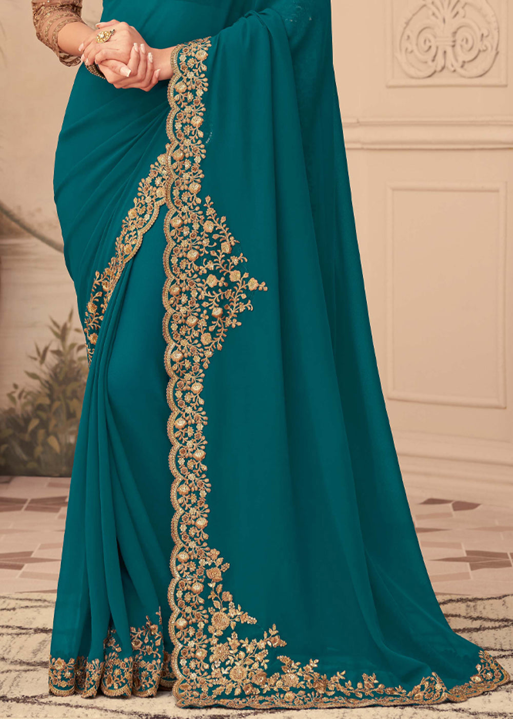 Blue Stone Georgette Designer Saree with Embroidered Blouse