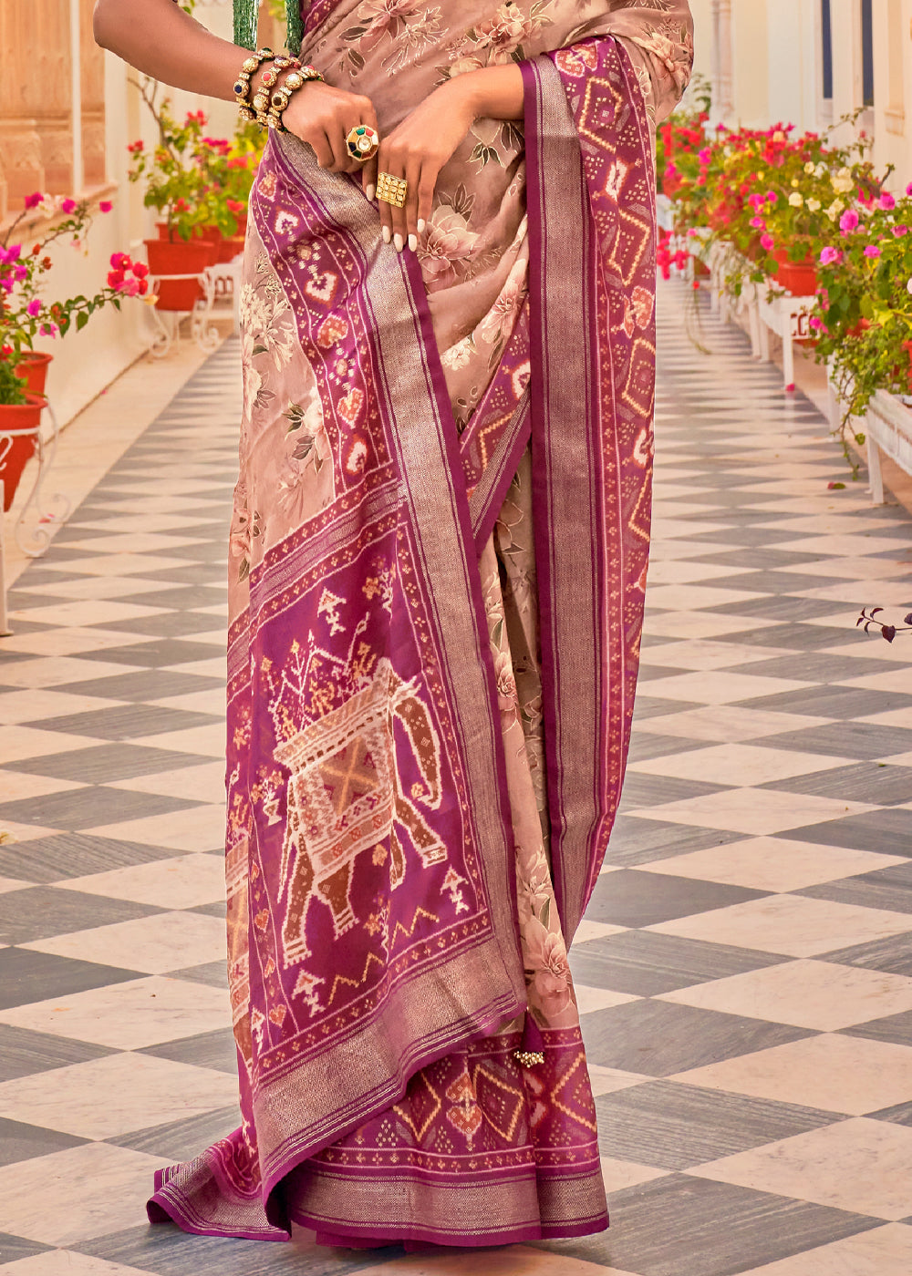 Stiletto Purple Printed Chiffon Patola Silk Saree