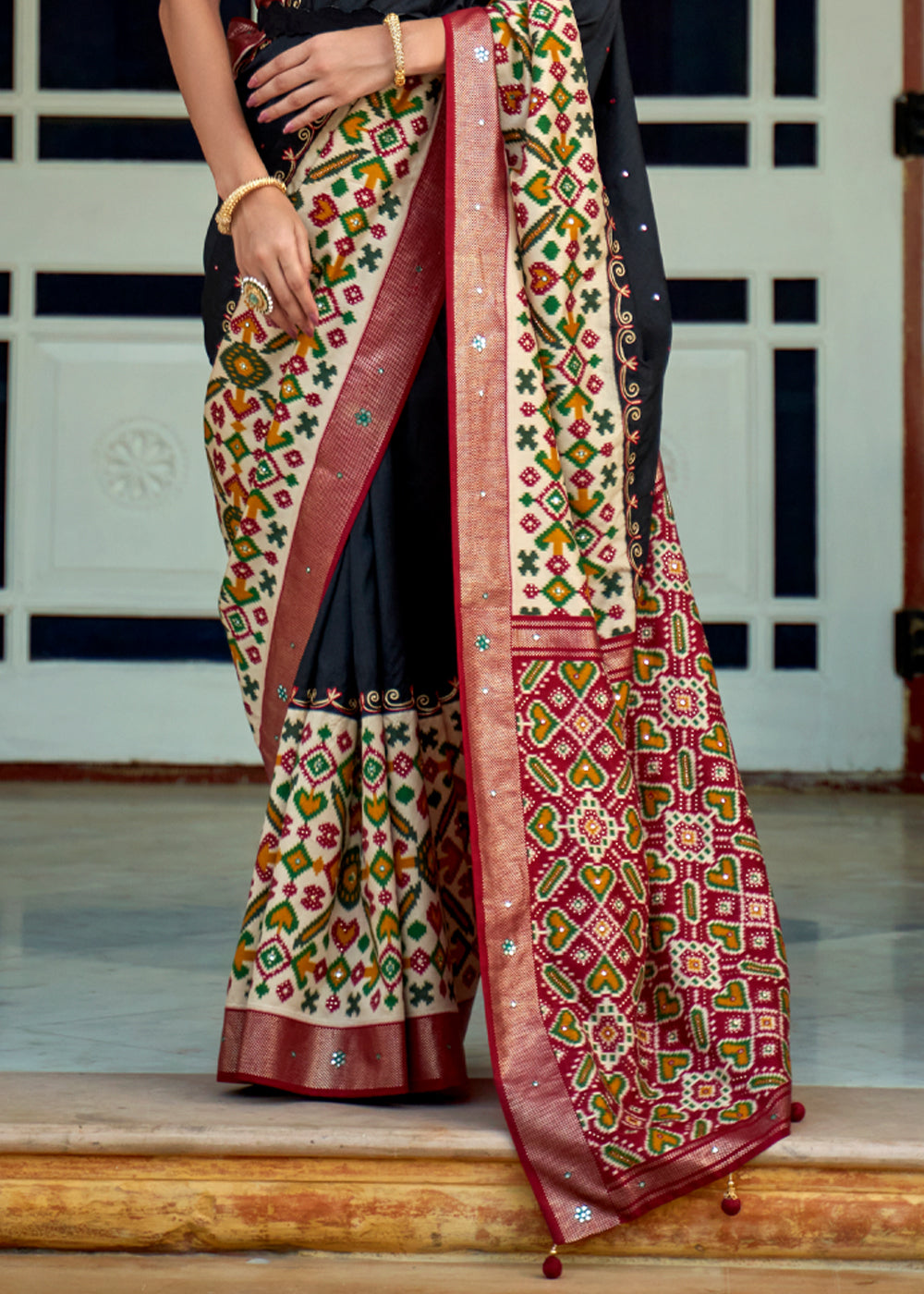 Shark Black and Red Woven Patola Silk Saree