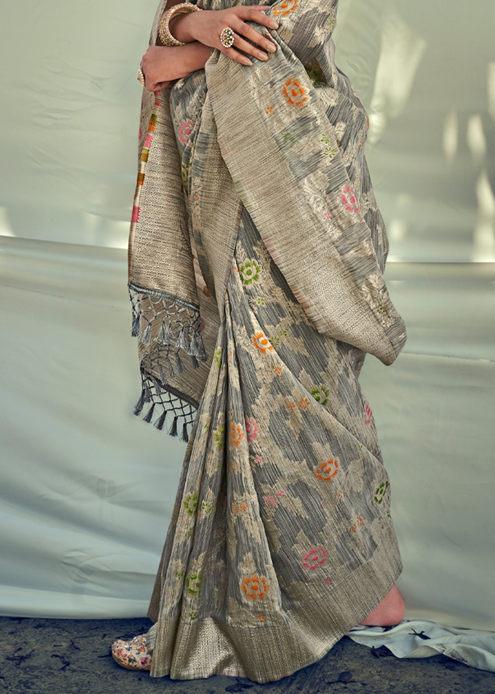 Grey Olive Zari Woven Banarasi Linen Saree