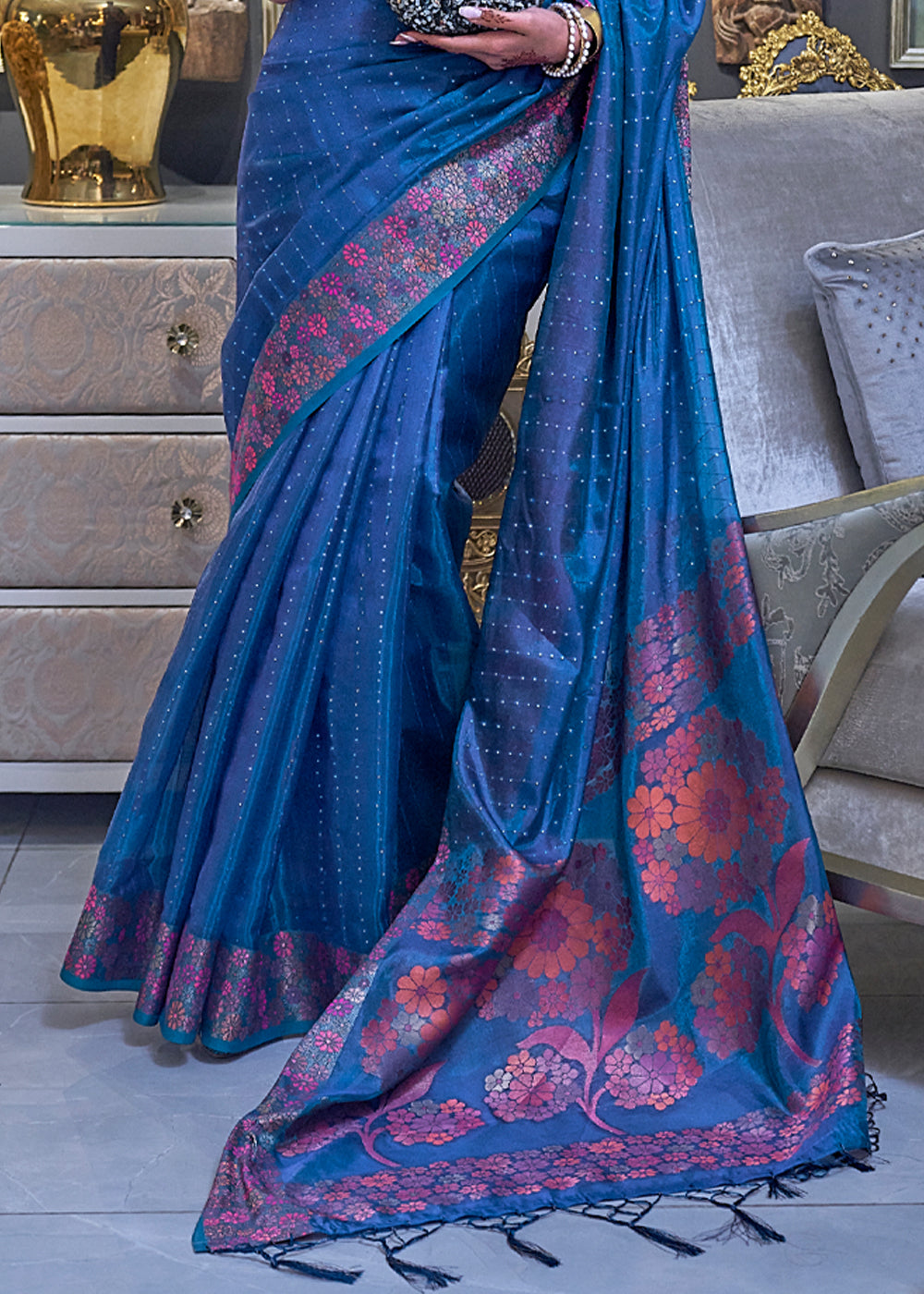 Midnight Blue Woven Dual Tone Organza Banarasi Silk Saree