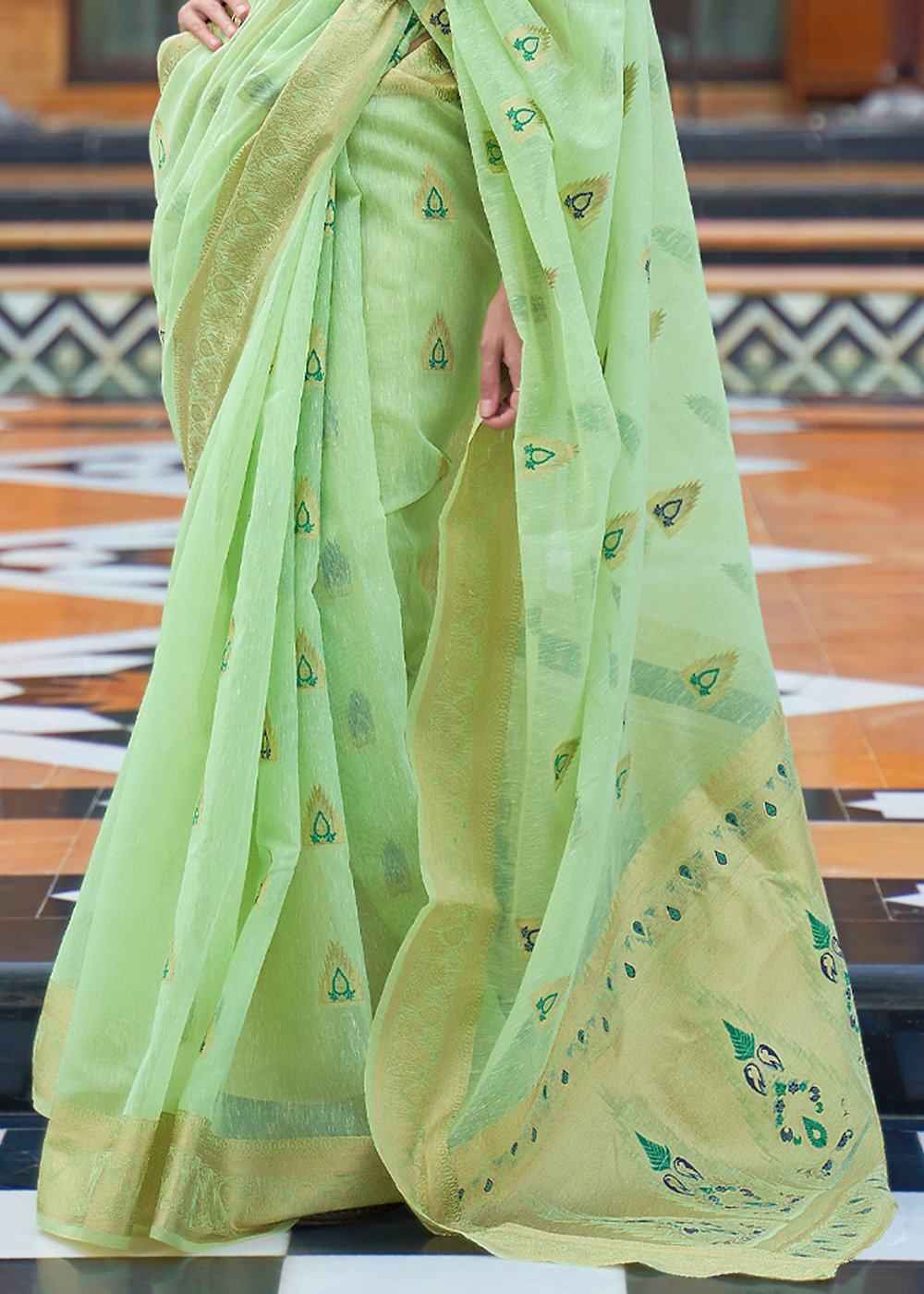 Moss Green Zari Woven Banarasi Linen Saree