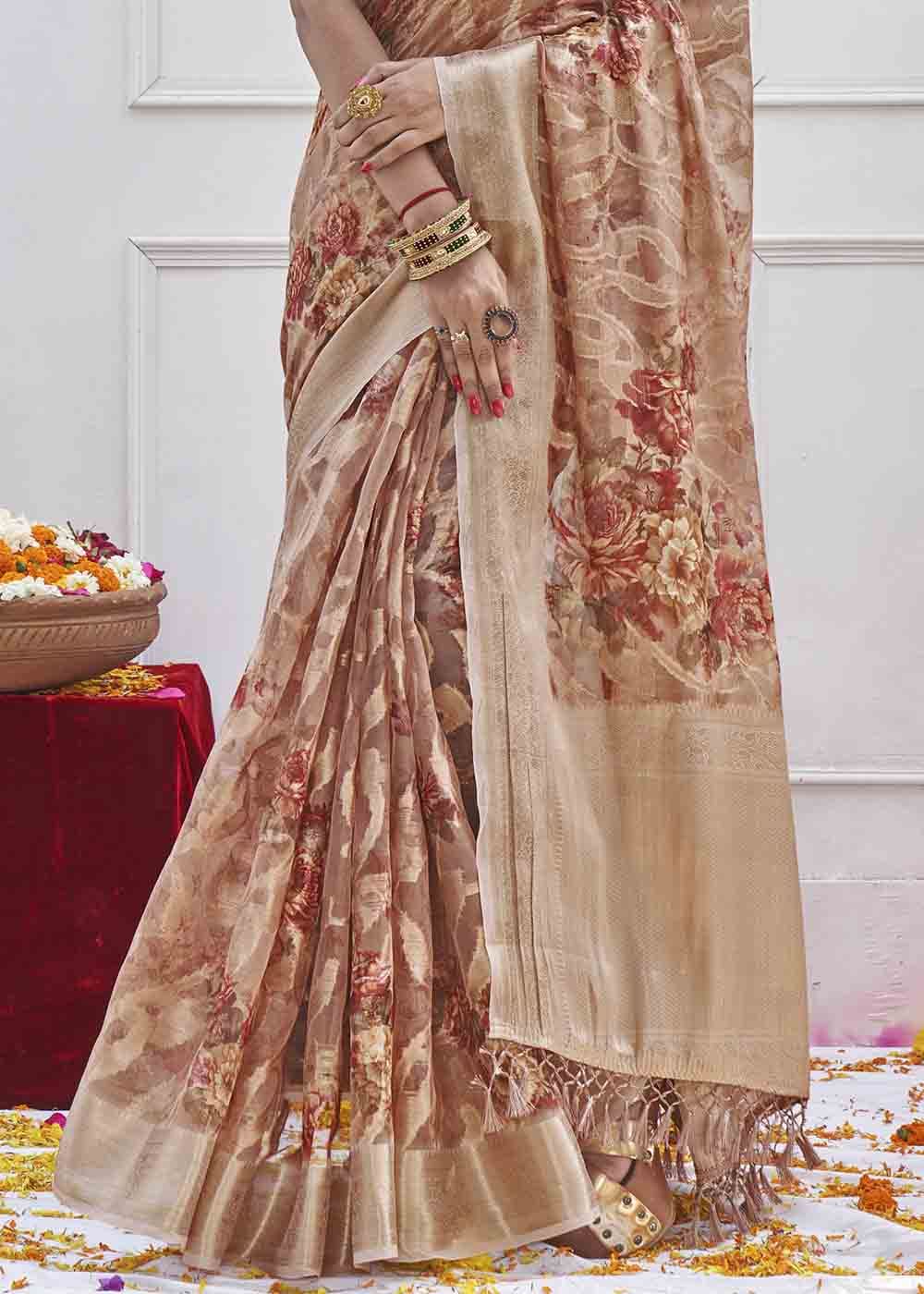 Blast Off Bronze Brown Digital Printed Organza Silk Saree