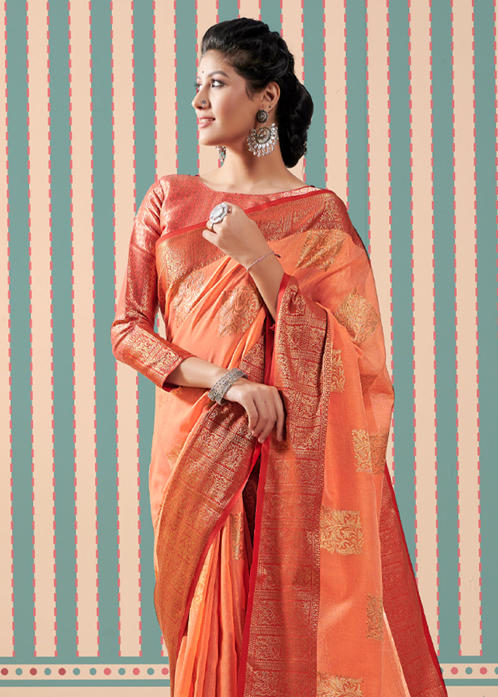 Mandarin Orange Zari Woven Banarasi Brocade Linen Saree