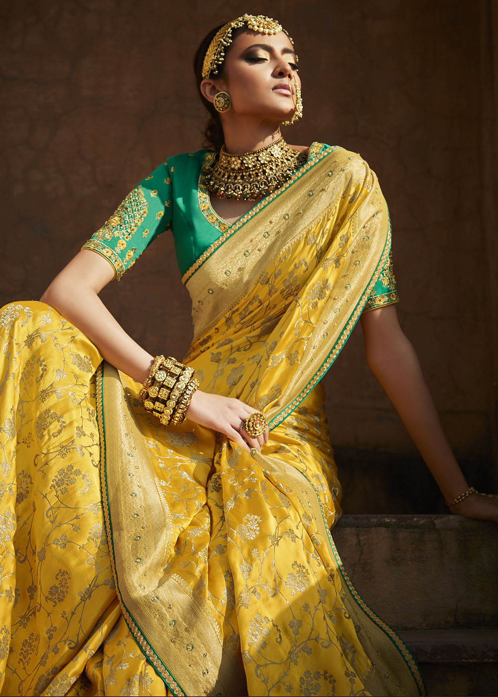 Mustard Yellow Zari Woven Banarasi Silk Saree with Embroidered Blouse