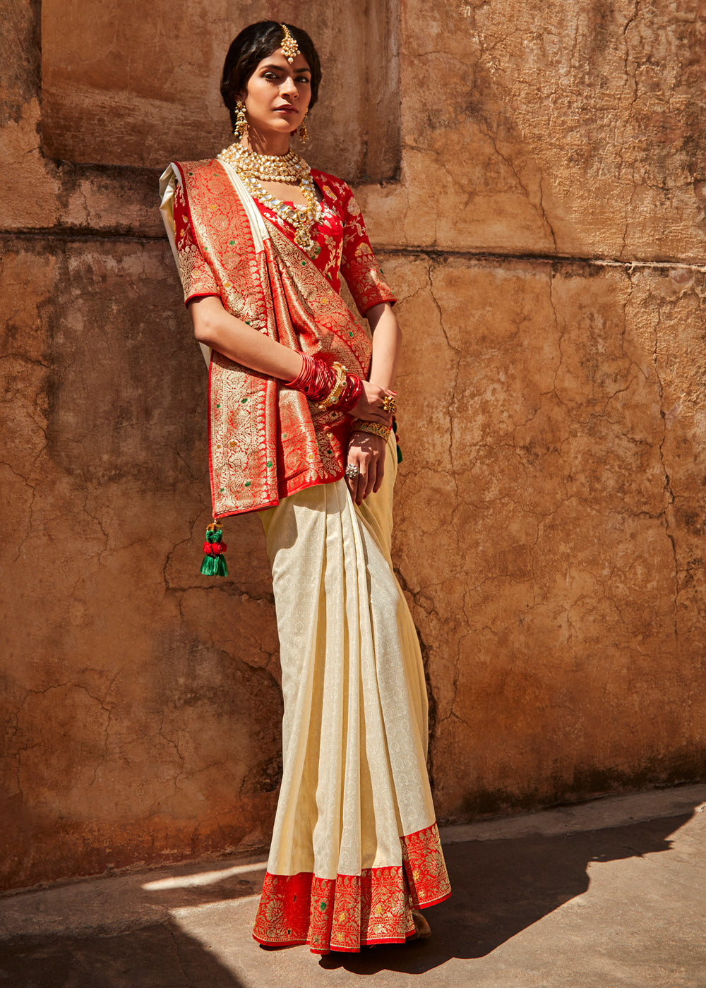 Grain Cream and Red Zari Woven Designer Banarasi Saree