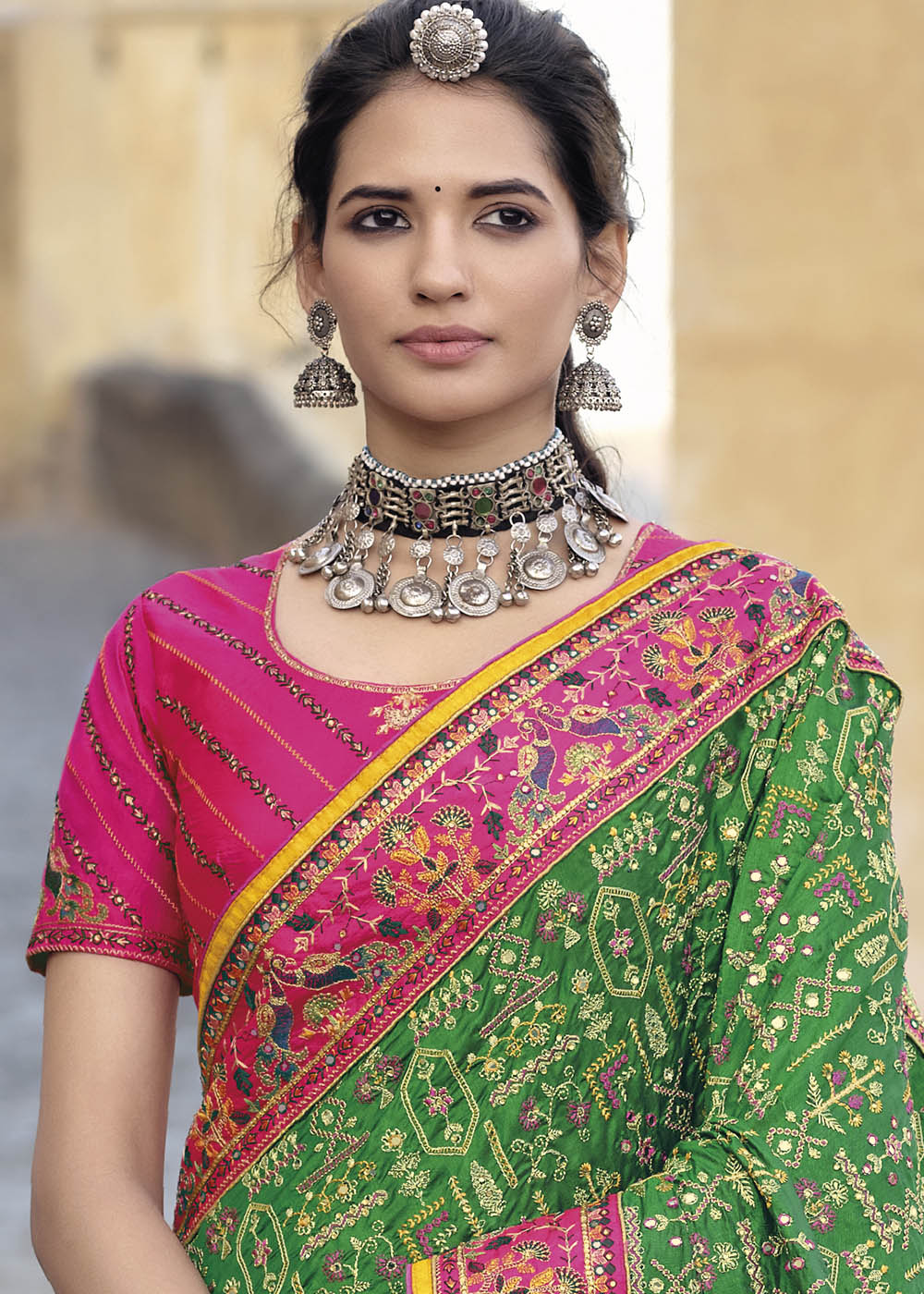 Forest Green and Pink Banarasi Saree with Kachhi,Mirror and Diamond Work