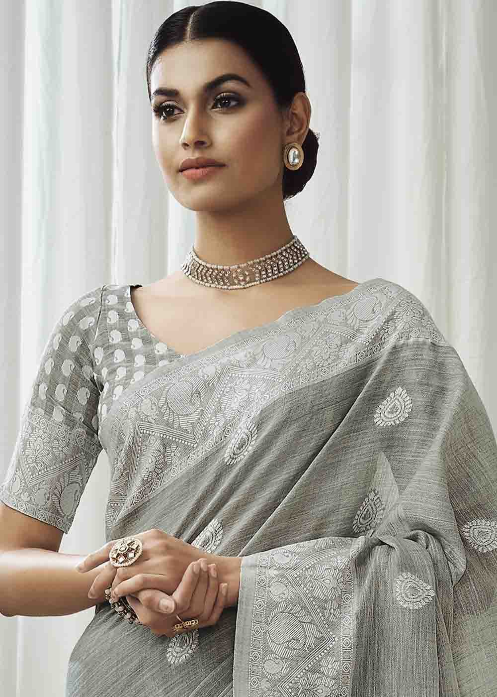 Bitter Grey Chikankari Linen Saree