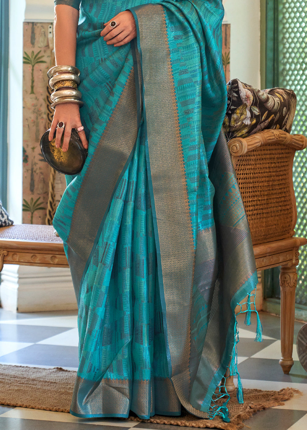 Tradewind Blue Handloom Organza Silk Saree by bollywood actress Kalki Koechlin