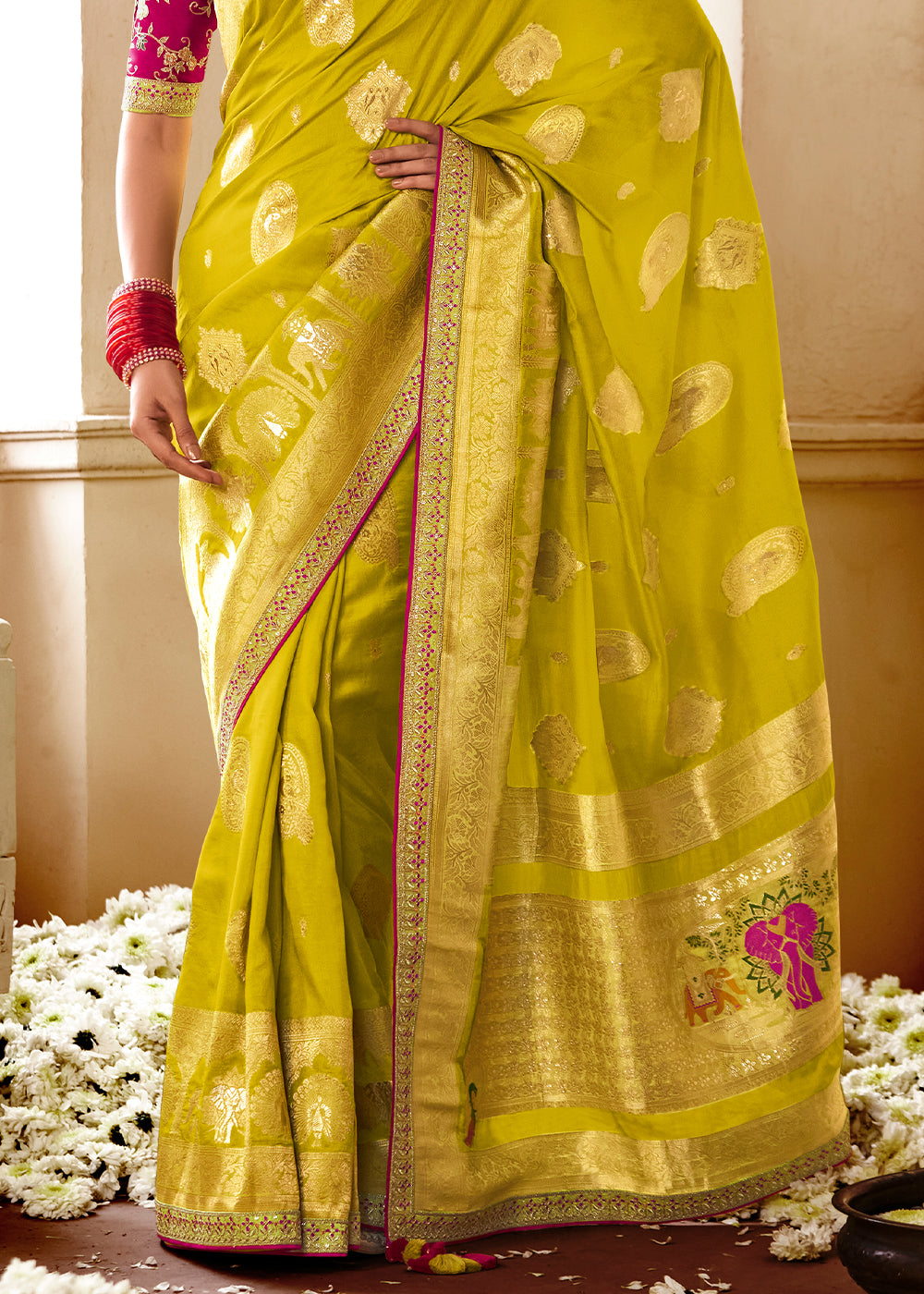 Anzac Green and Red Banarasi Saree with Designer Blouse