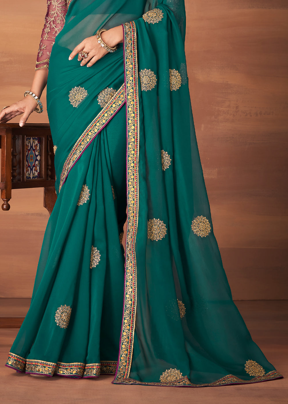 Casal Green Designer Saree with Embroidered Blouse