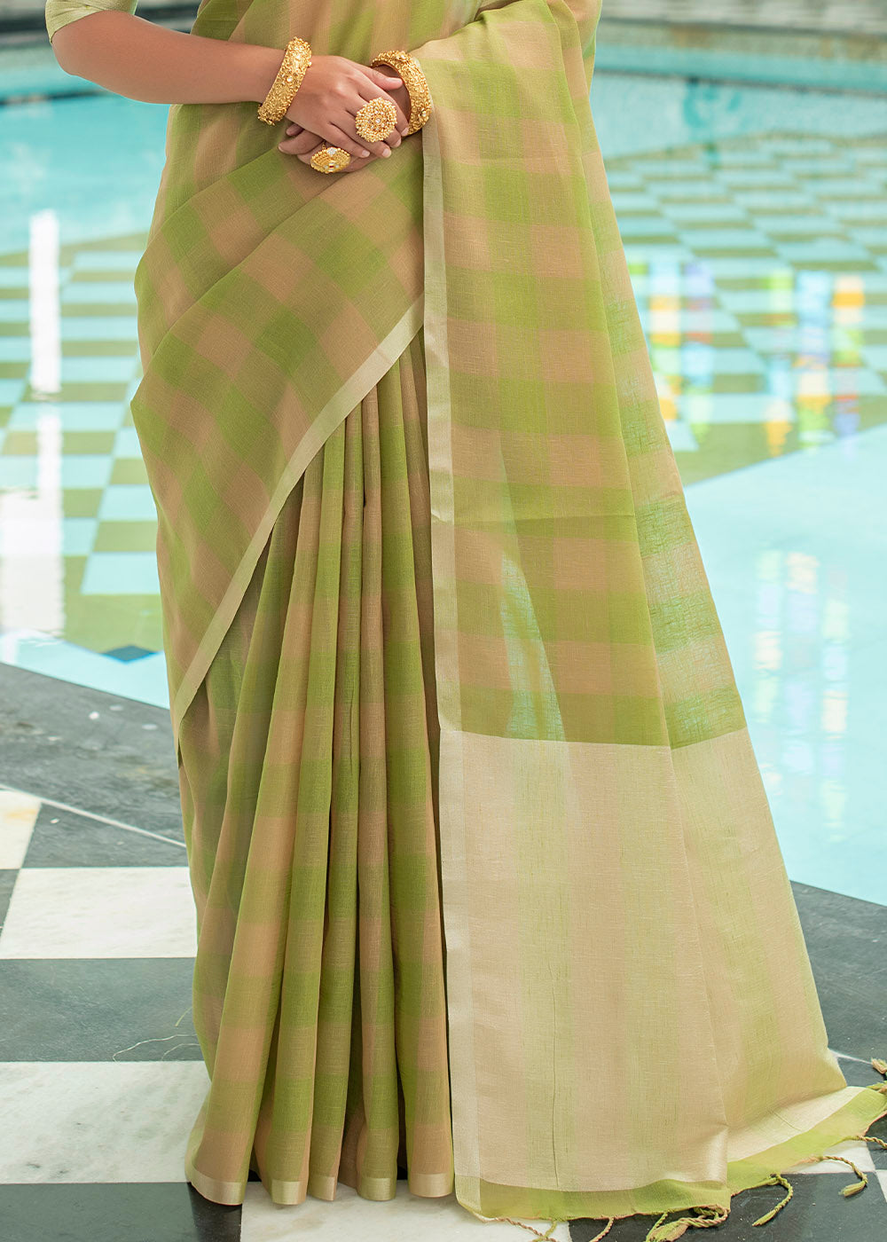 Husk Green Zari Woven Checks Linen Saree