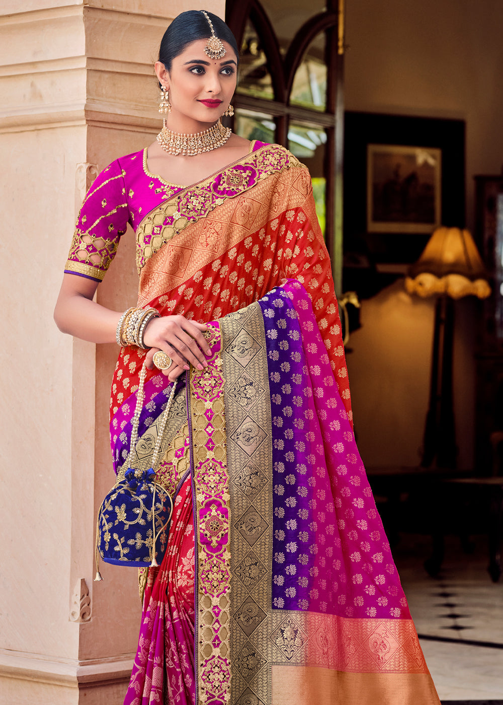 Tall Multicolored Zari Woven Designer Banarasi Saree