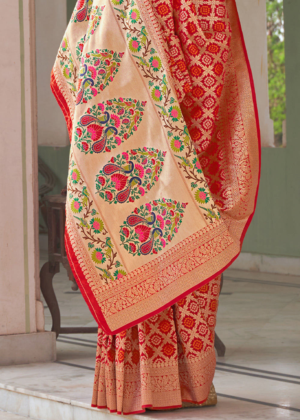 Flame Red Zari Woven Banarasi Brocade Saree