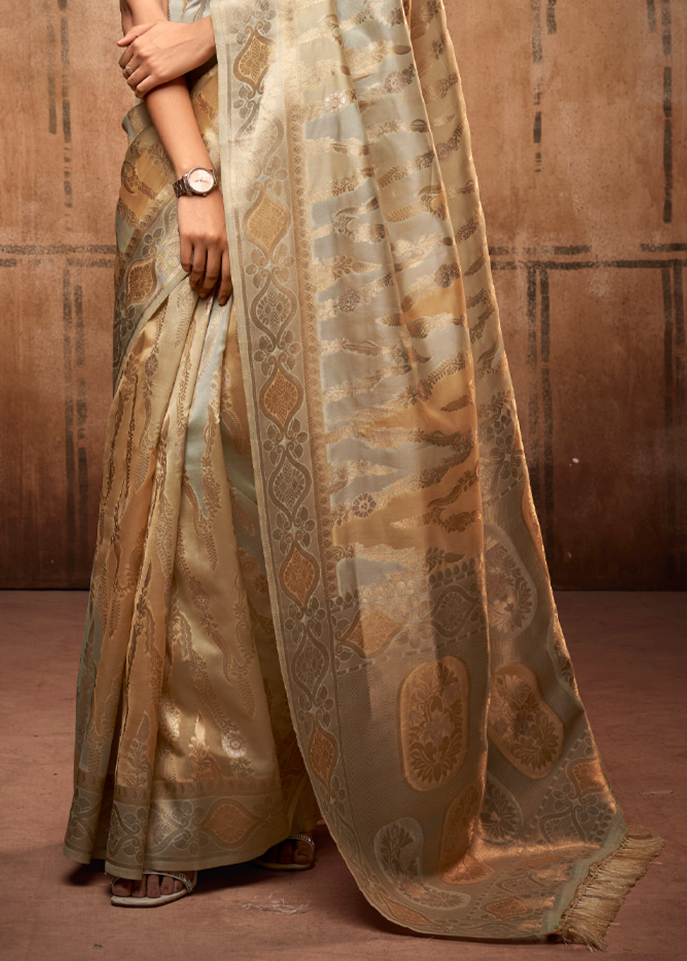 Taupe Green Zari Woven Banarasi Organza Saree