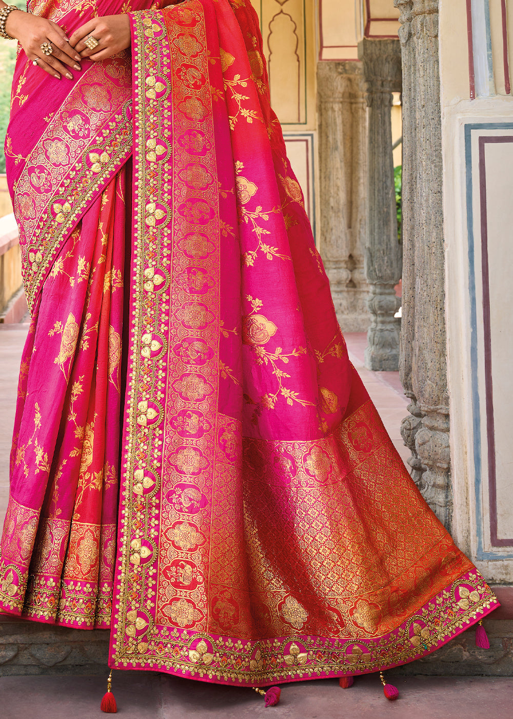 Mandy Pink and Orange Embroidered Dola Silk Saree