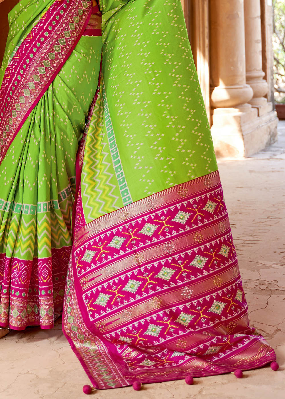 Peridot Green and Pink Printed Patola Saree