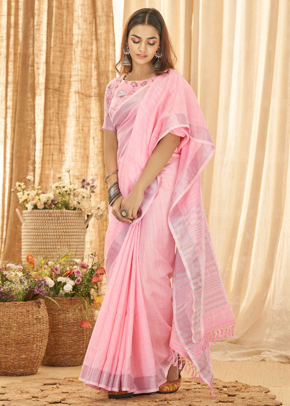 Azalea Pink Zari Woven Linen Saree