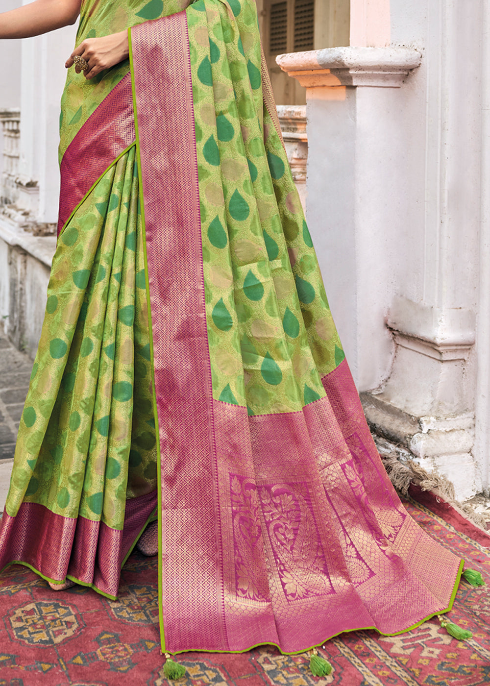 Celery Green and Pink Woven Organza Banarasi Silk Saree