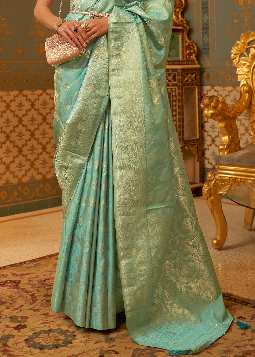 Acapulco Green Zari Woven Banarasi Brocade Saree