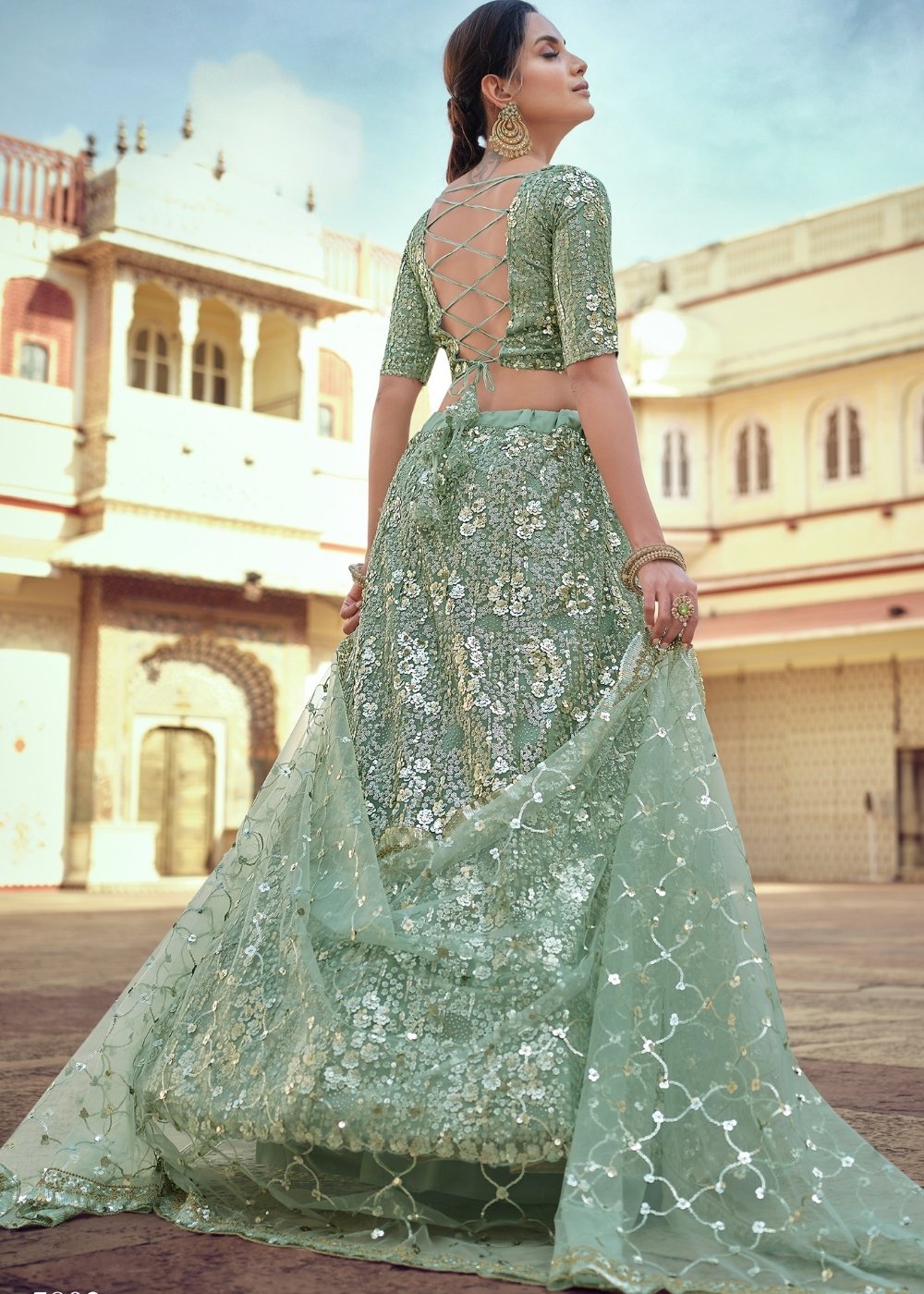 Sage Green Soft Net Designer Lehenga Choli