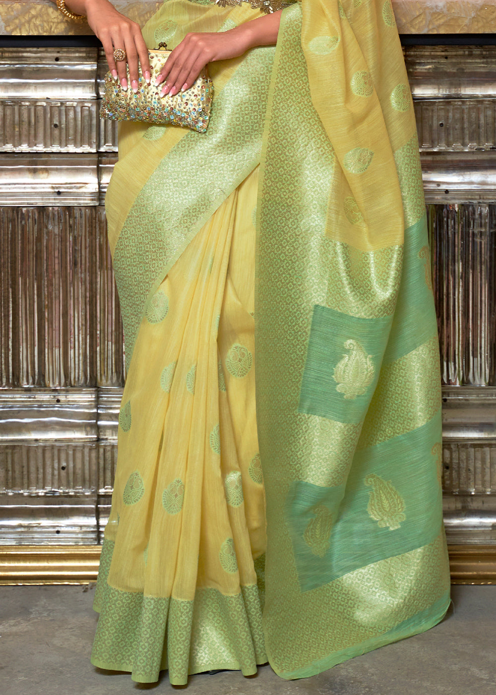 Brandy Yellow and Green Zari Woven Linen Saree