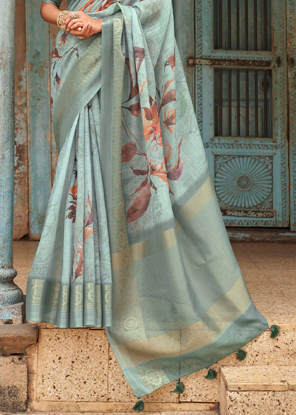 Gum Leaf Green Floral Printed Linen Silk Saree