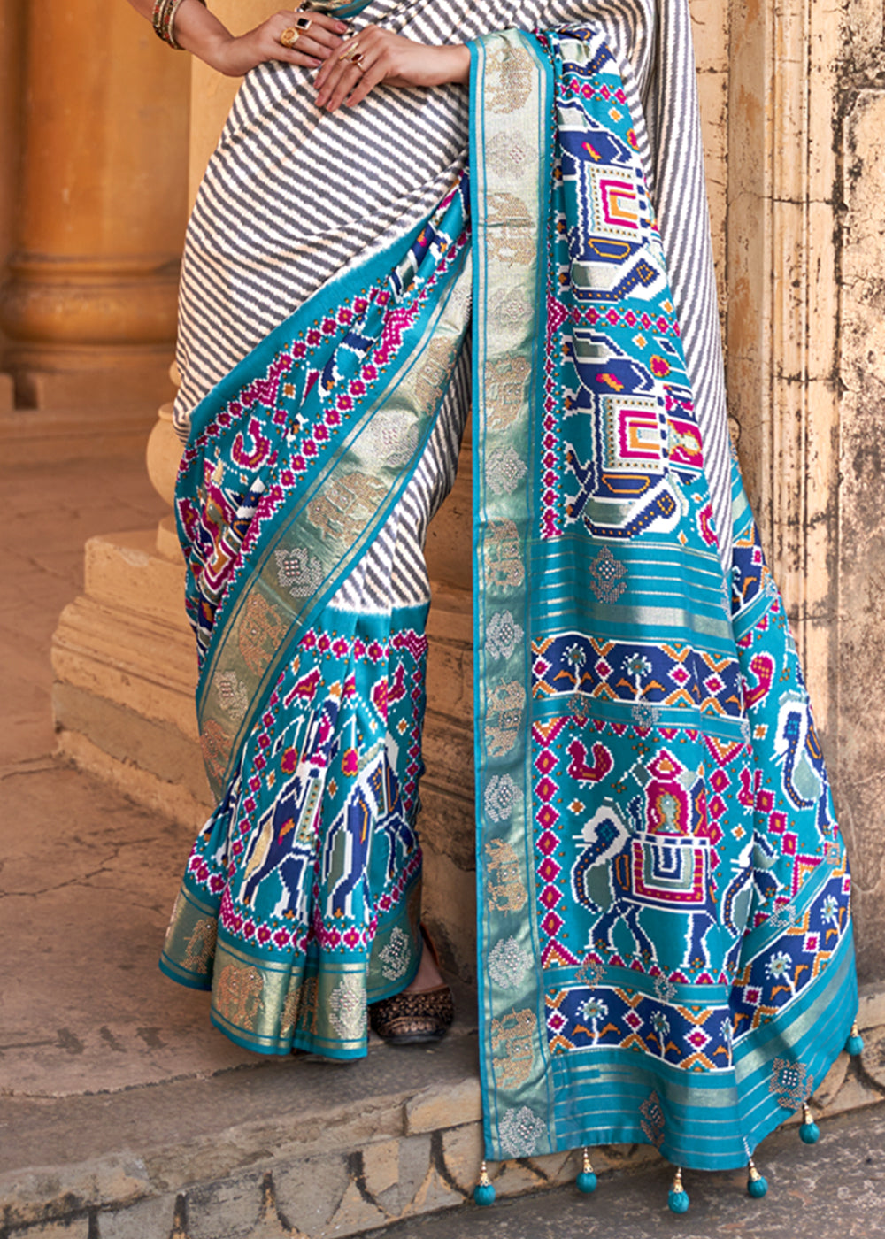 Boston White and Blue Zari Woven Patola Saree