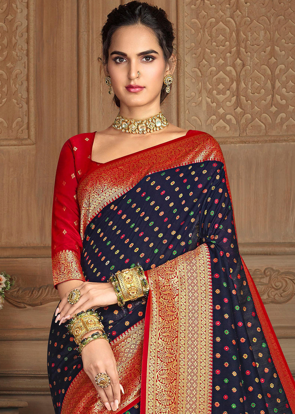 Steel Blue and Red Zari Woven Banarasi Saree