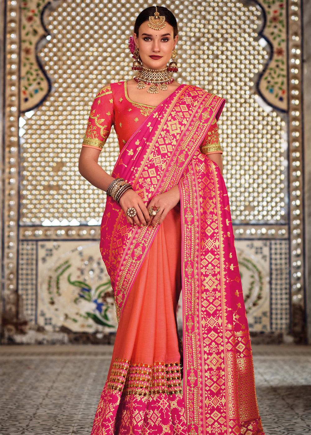 Roman Pink Zari Woven Designer Banarasi Saree