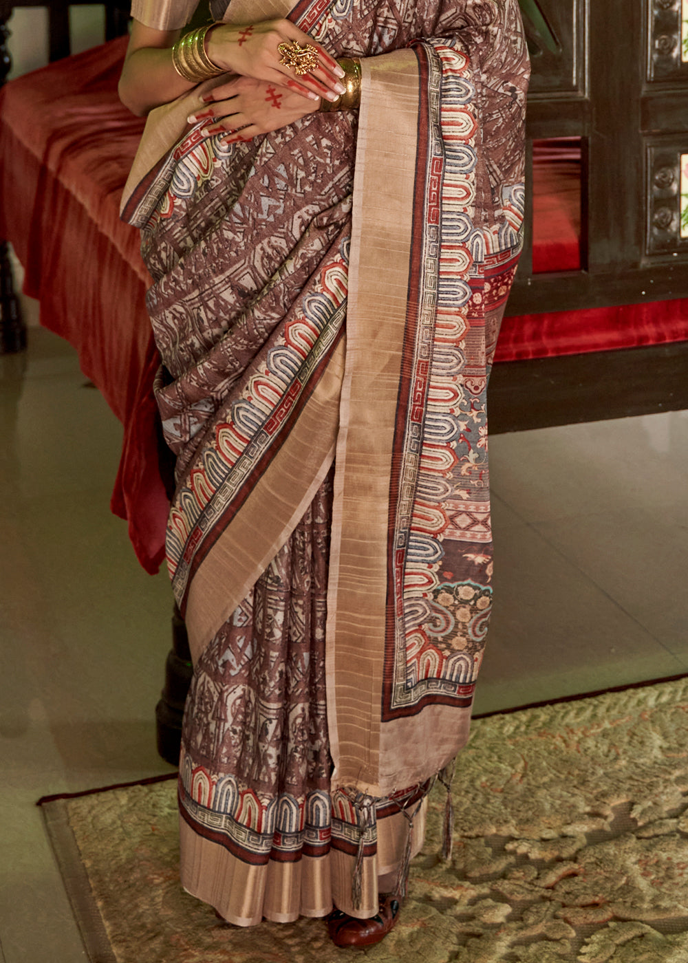 Coffee Dark Brown Digital Printed Silk Saree