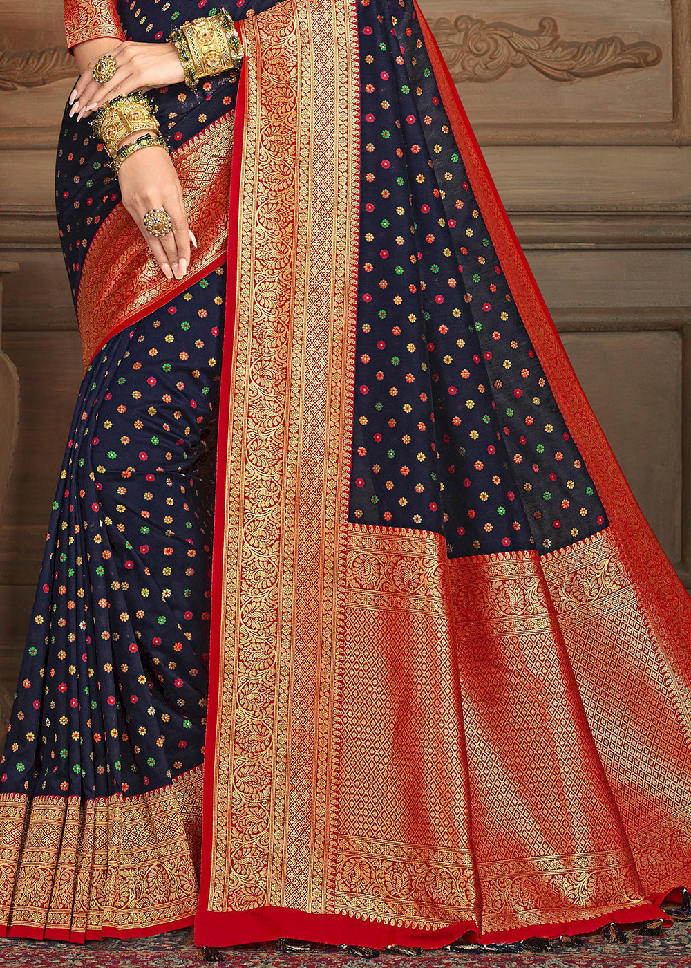 Steel Blue and Red Zari Woven Banarasi Saree