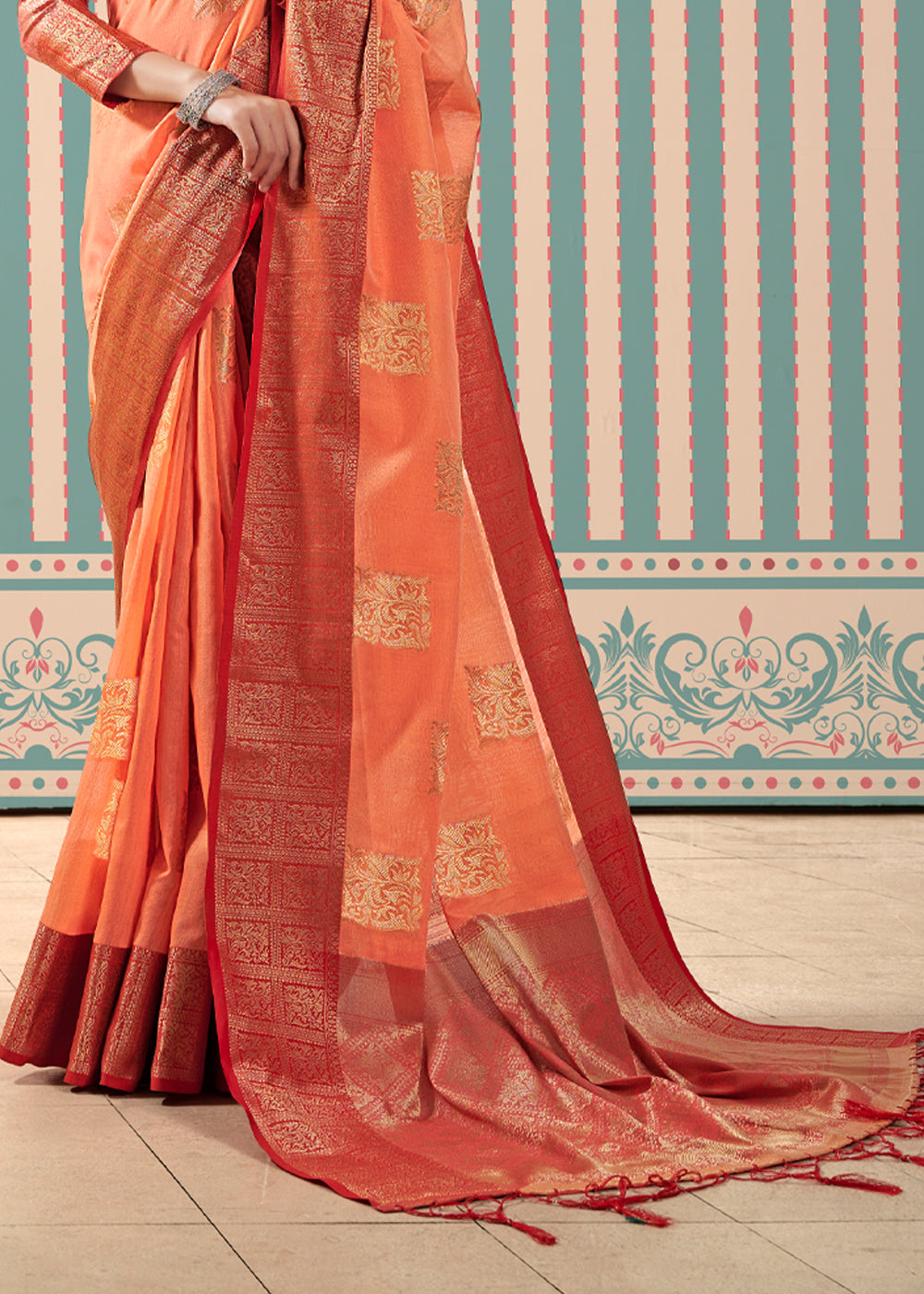 Mandarin Orange Zari Woven Banarasi Brocade Linen Saree