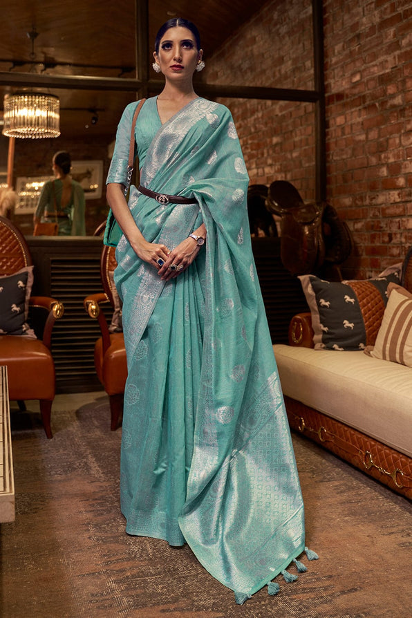 Polished Pine Blue Zari Woven Linen Saree