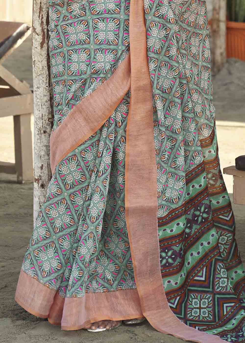 Granny Smith Grey Printed Cotton Saree