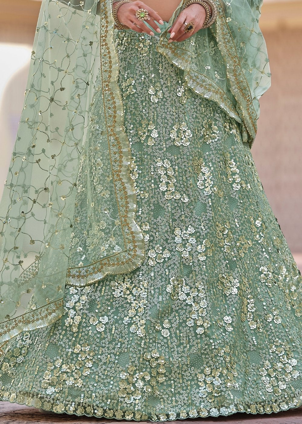 Sage Green Soft Net Designer Lehenga Choli