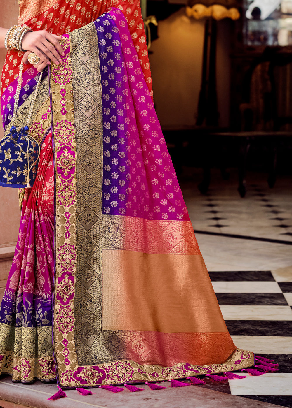 Tall Multicolored Zari Woven Designer Banarasi Saree