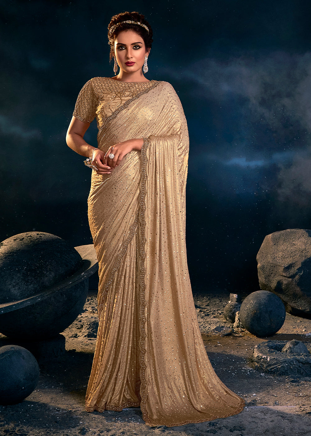 Barley Light Brown Designer Silk Saree with Sequence Pallu